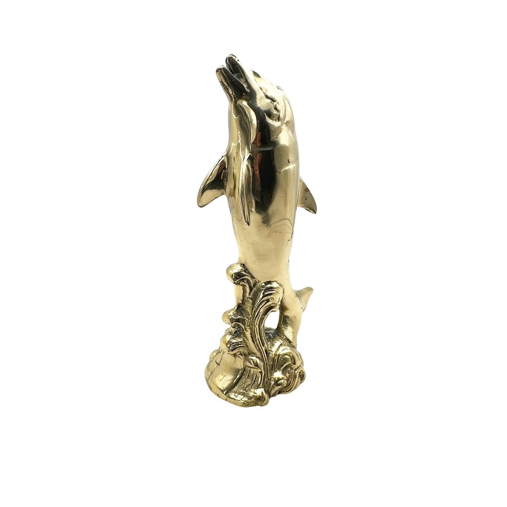 Vintage‎ Solid Brass Dolphin Figurine on Wave Base 8.25" Nautical Beach